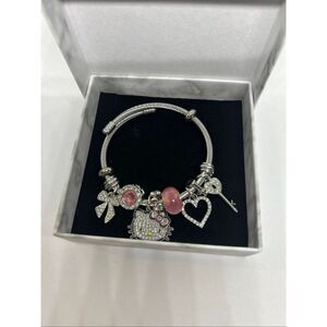 Hello Kitty Pink Charm Bracelet Silver Tone Rhinestone Bangle NEW